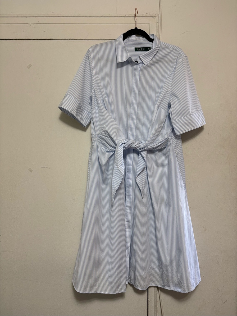 Ralph Lauren Light Blue & White Striped Tie-Waist Midi Shirt Dress